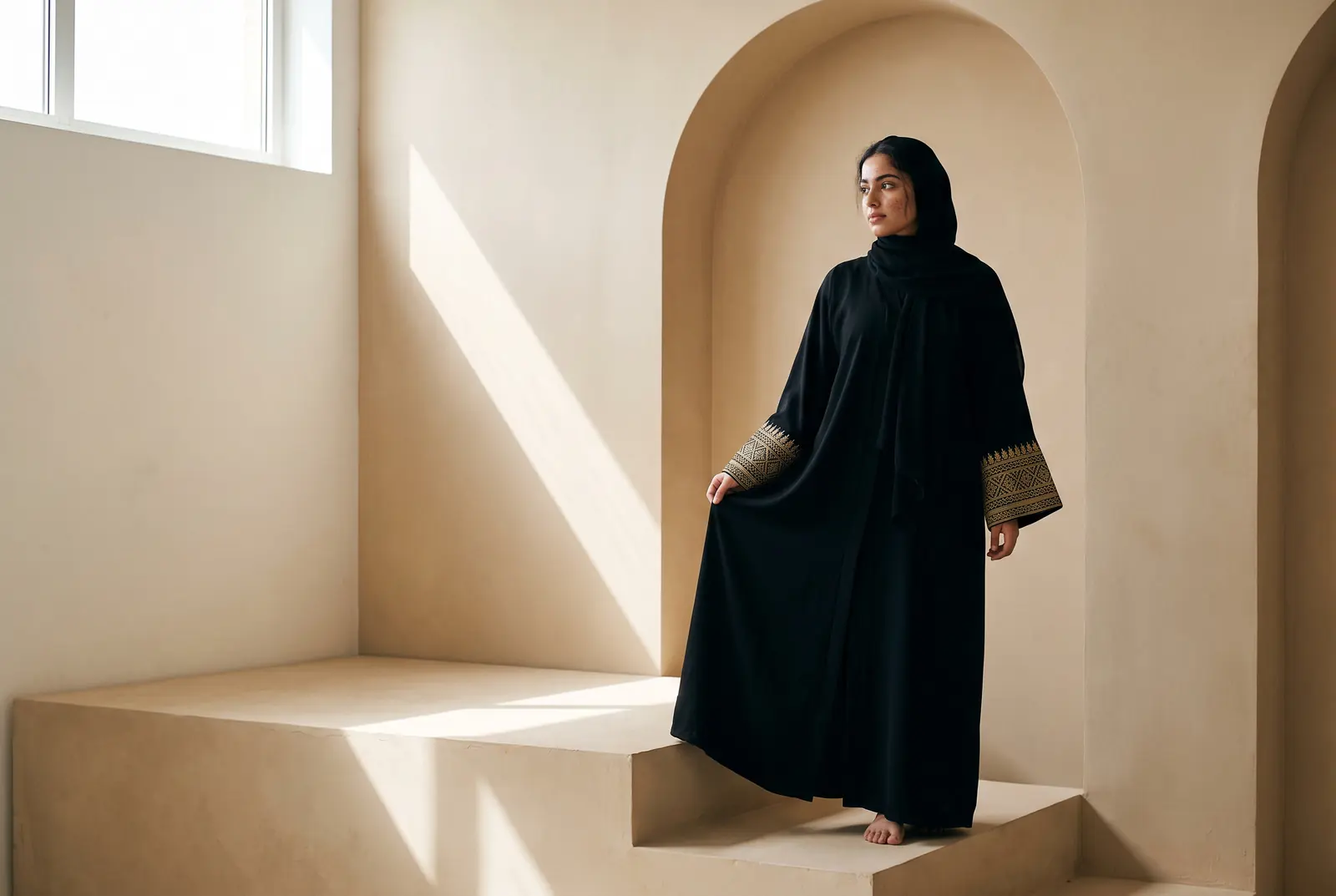 Model in a black crepe abaya with gold embroidered cuffs on a plaster step in soft daylight
