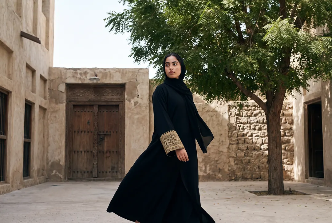 Model in a black abaya walking through an old town courtyard