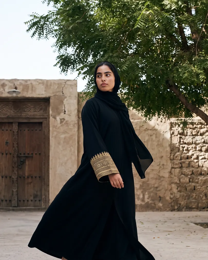 The same abaya on a model walking through an old town courtyard