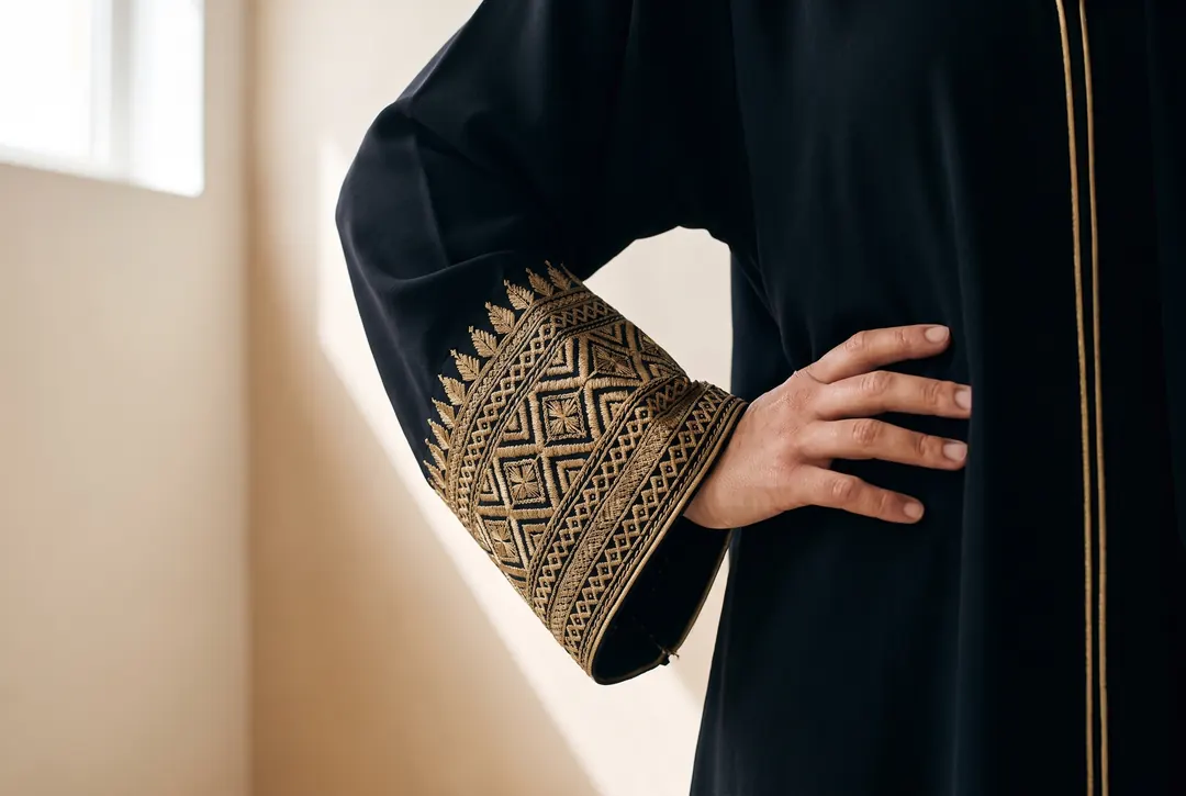 Close up of the gold geometric embroidery on the abaya cuff