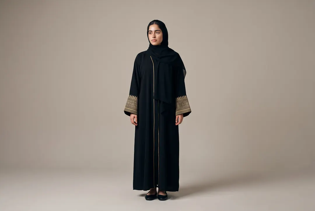 The abaya on a model against a plain stone grey backdrop for a product page