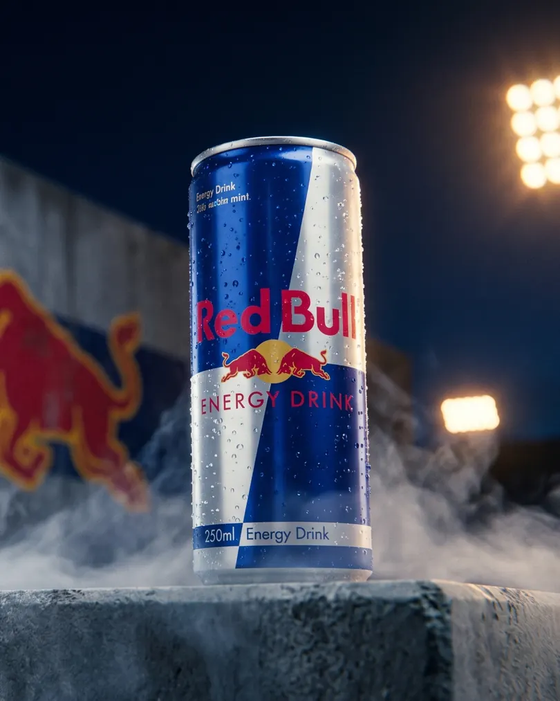 The same can on a concrete plinth in smoke under stadium floodlights