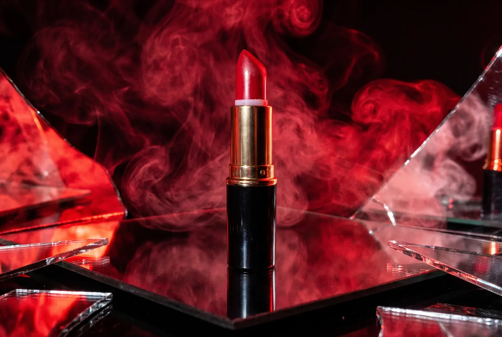 Lipstick on black mirror glass in crimson smoke