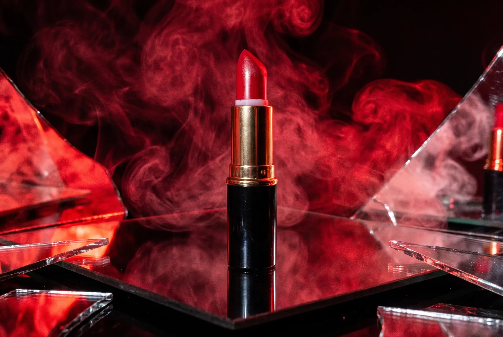 The same lipstick on black mirror glass in crimson smoke