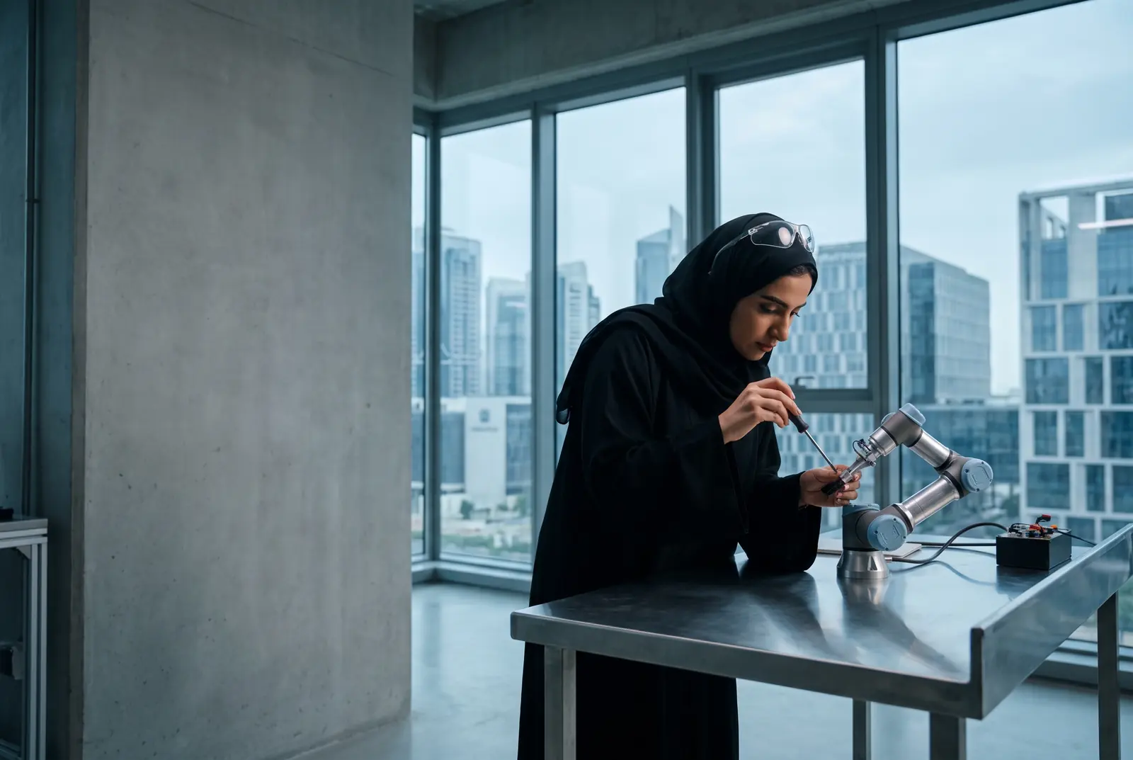 Emirati engineer in an abaya and shayla adjusting a robotic arm in a glass-walled lab