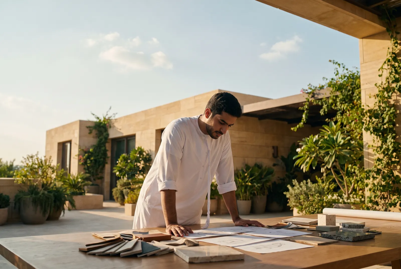 Emirati designer reviewing samples on a studio terrace