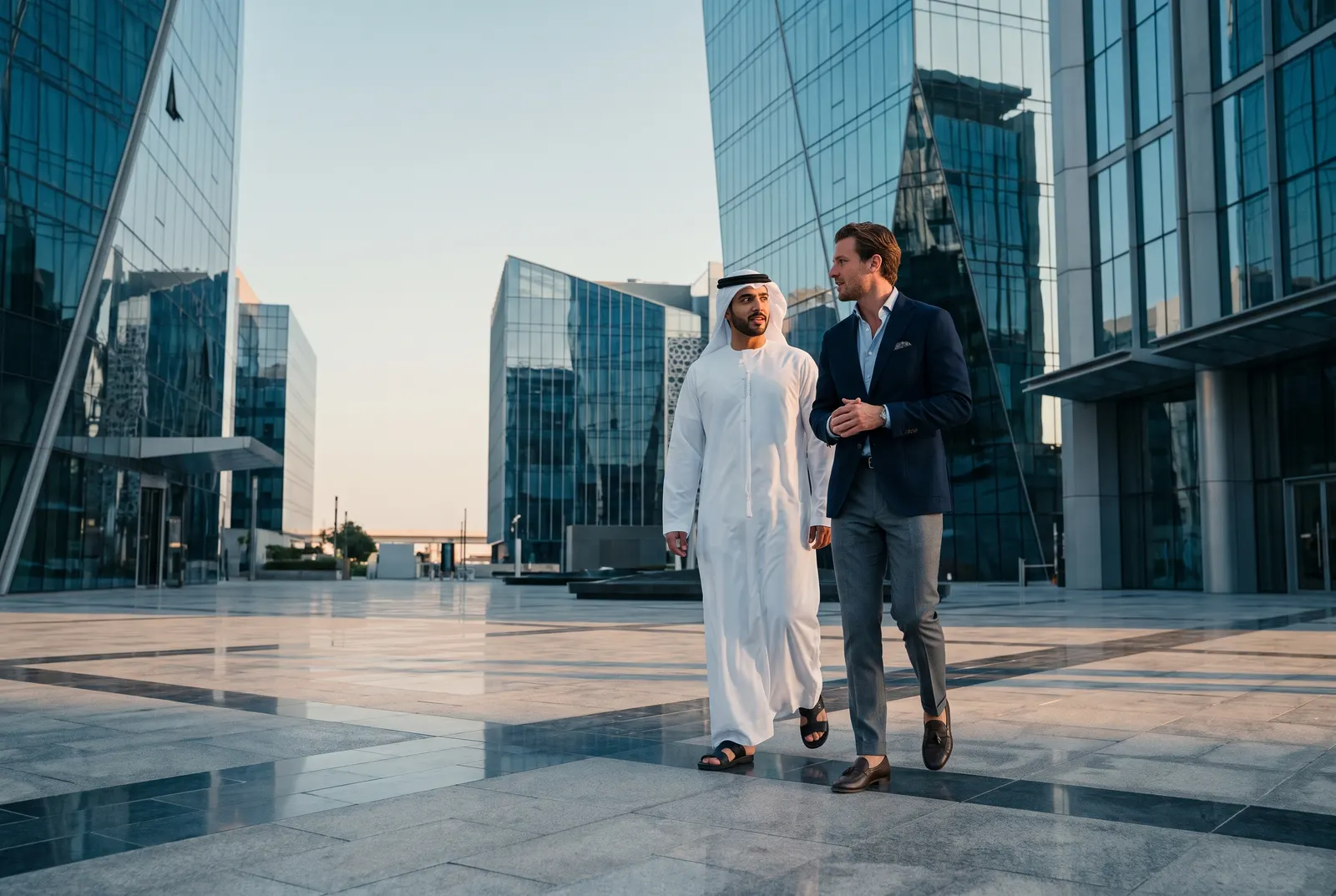 Two executives crossing a geometric plaza