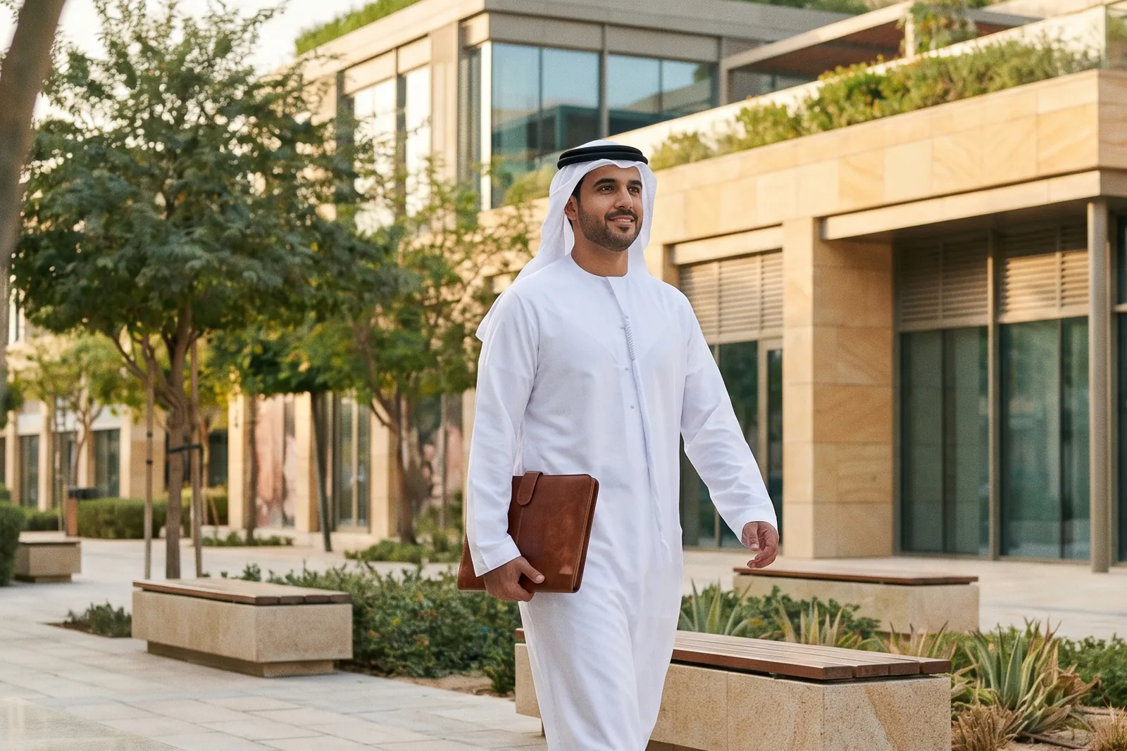 Emirati founder walking a landscaped district walkway