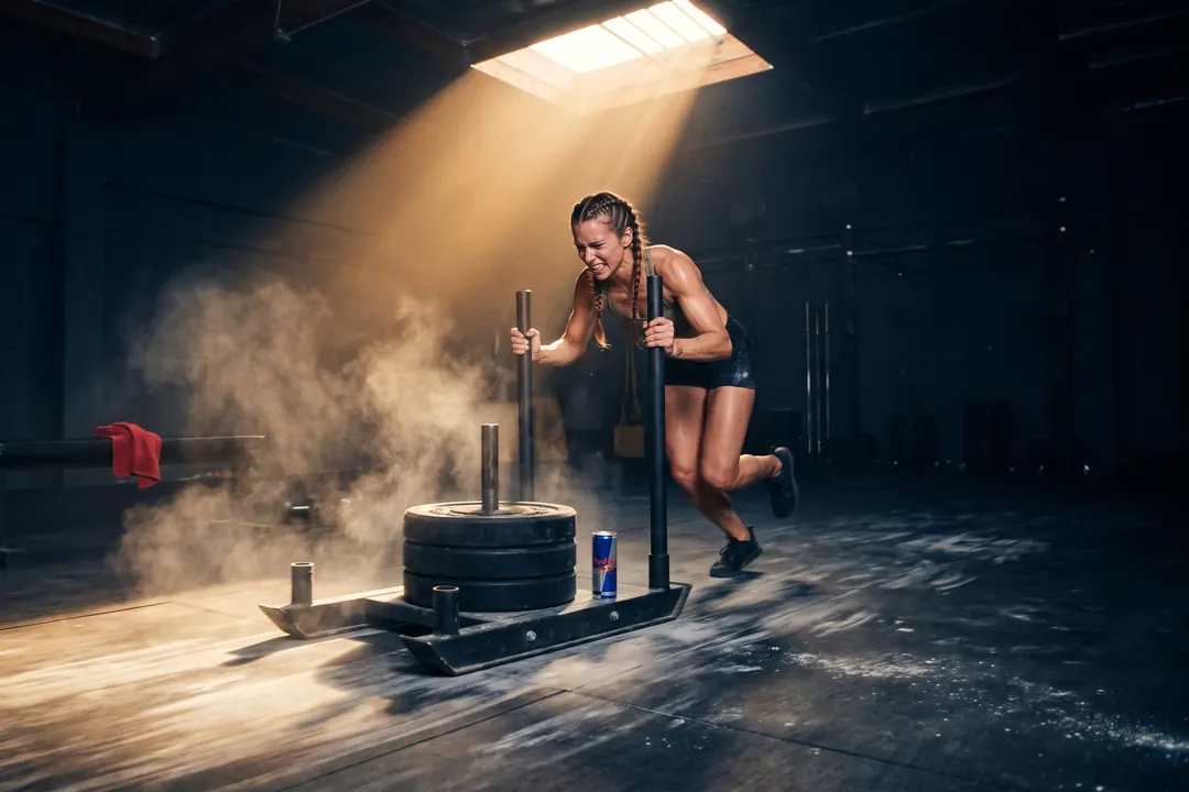 Athlete driving a weighted sled through a warehouse gym