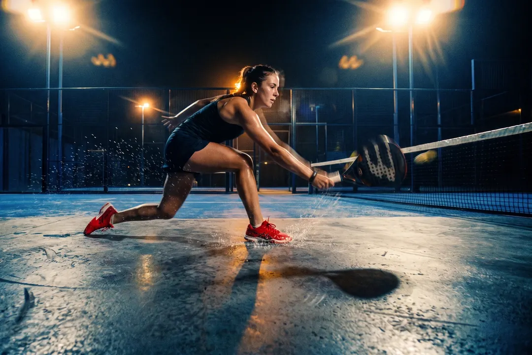 Padel player lunging across a wet night court