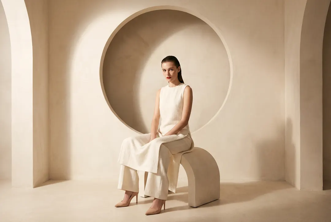 Model in ivory seated inside a sculptural plaster circle
