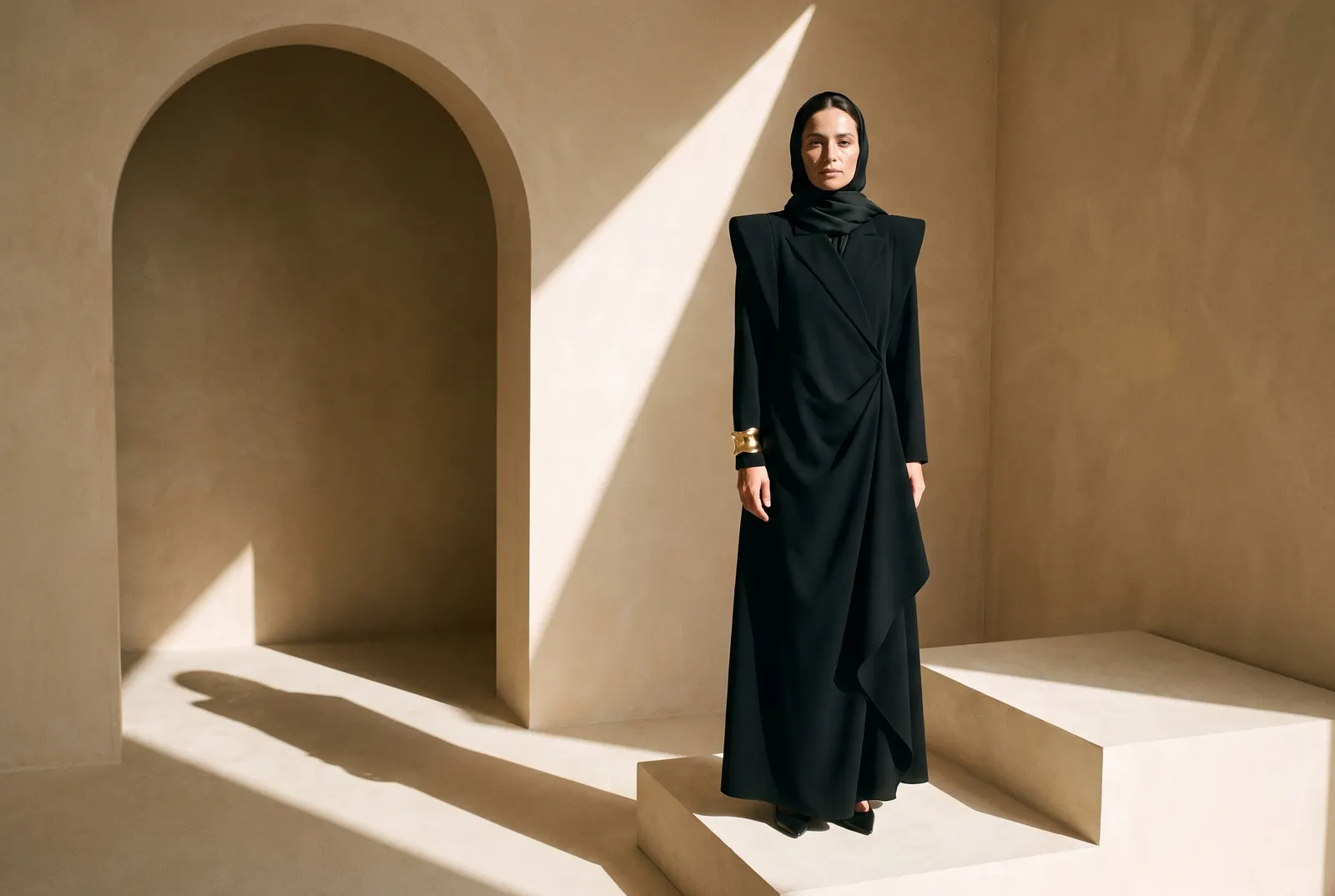 Model in a sculptural black abaya on a plaster step