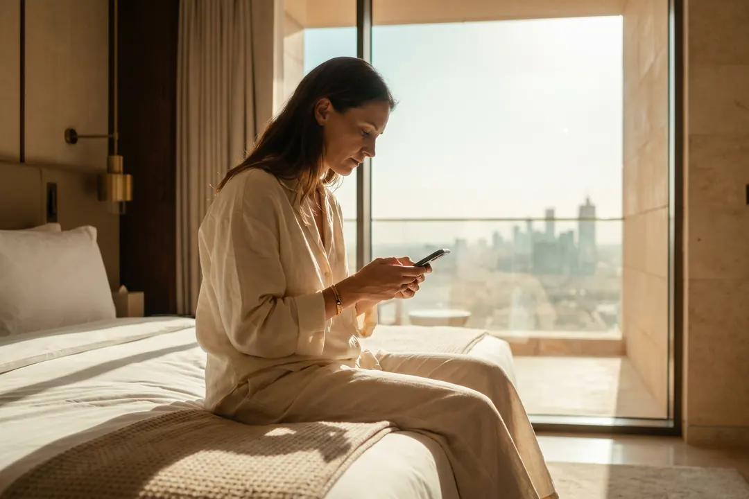 Guest relaxing in a hotel suite above the city