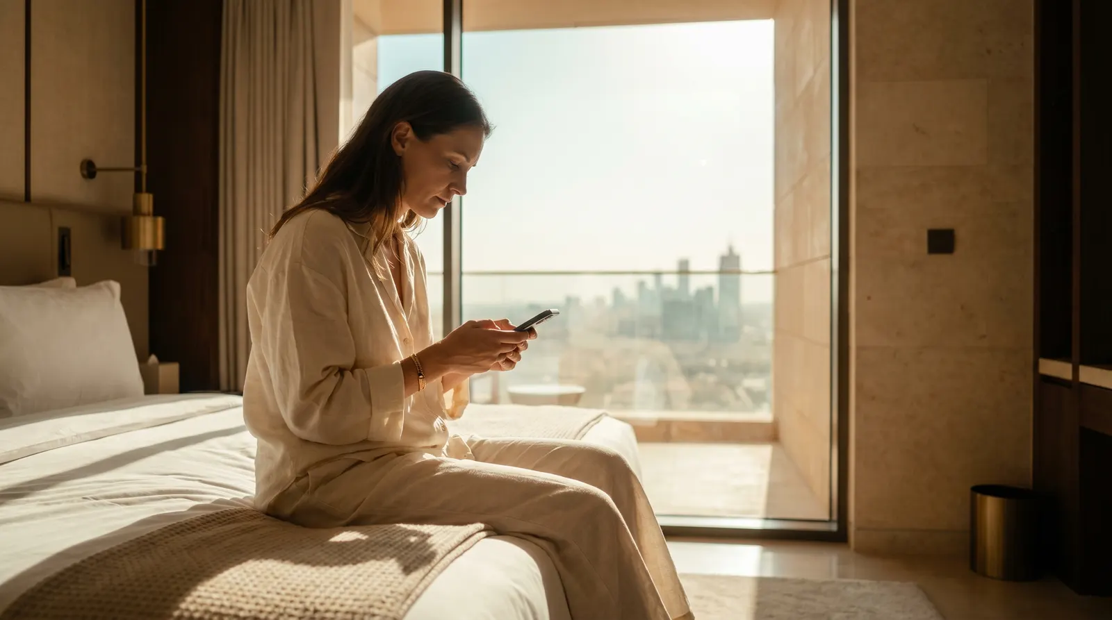 Guest relaxing in a hotel suite above the city