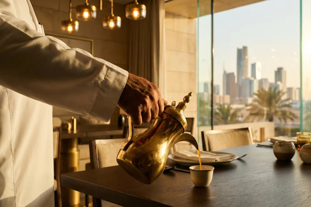 Arabic coffee poured from a brass dallah