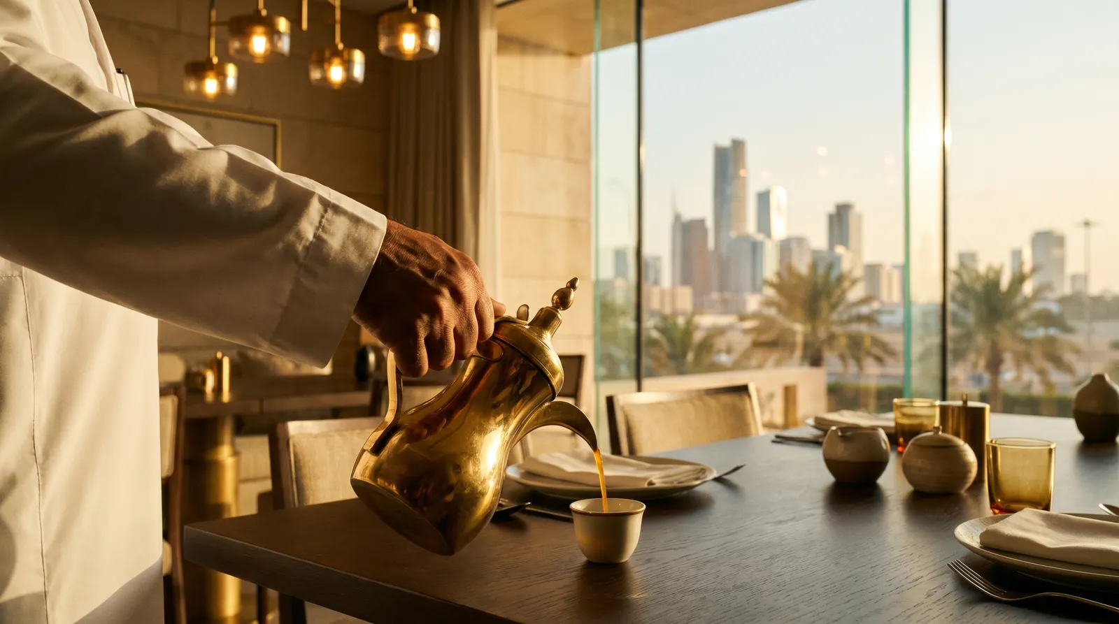 Arabic coffee poured from a brass dallah in a hotel lounge