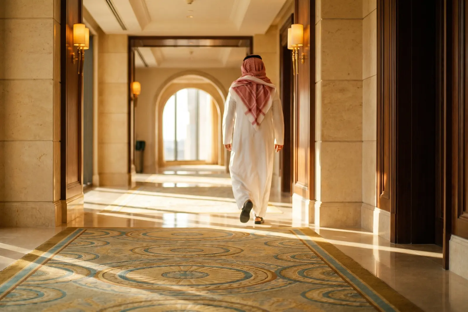 Man in a white thobe and red shemagh walking a sunlit hotel corridor