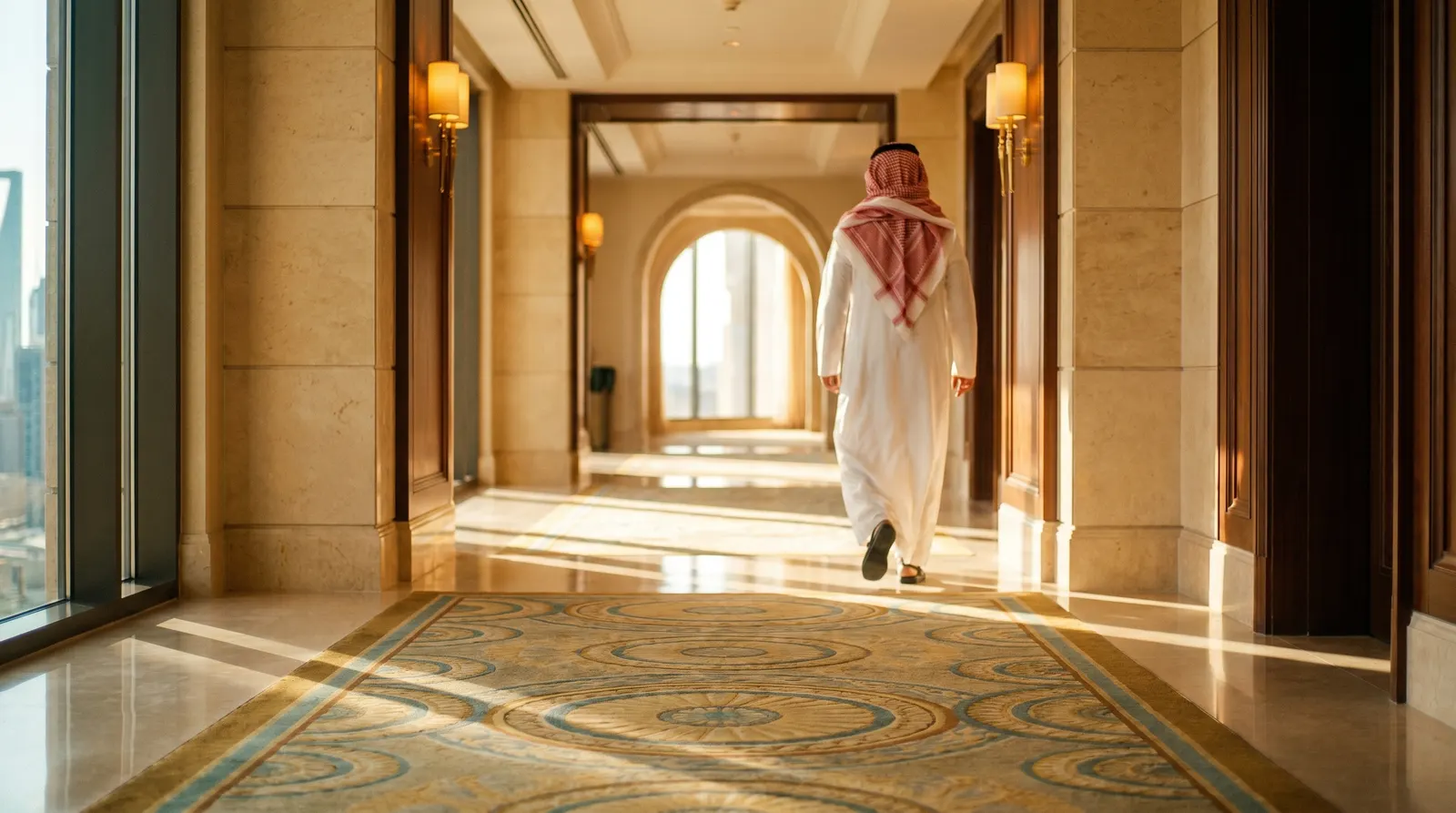Guest walking a sunlit hotel corridor