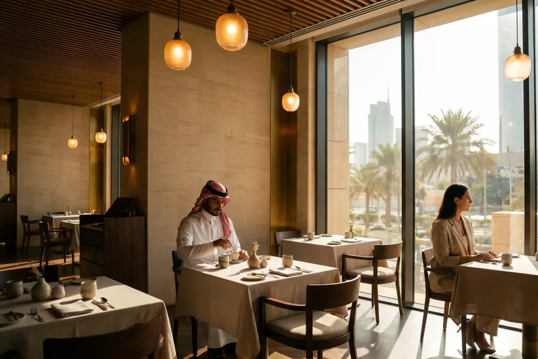 Guest in a shemagh dining in a warm hotel restaurant