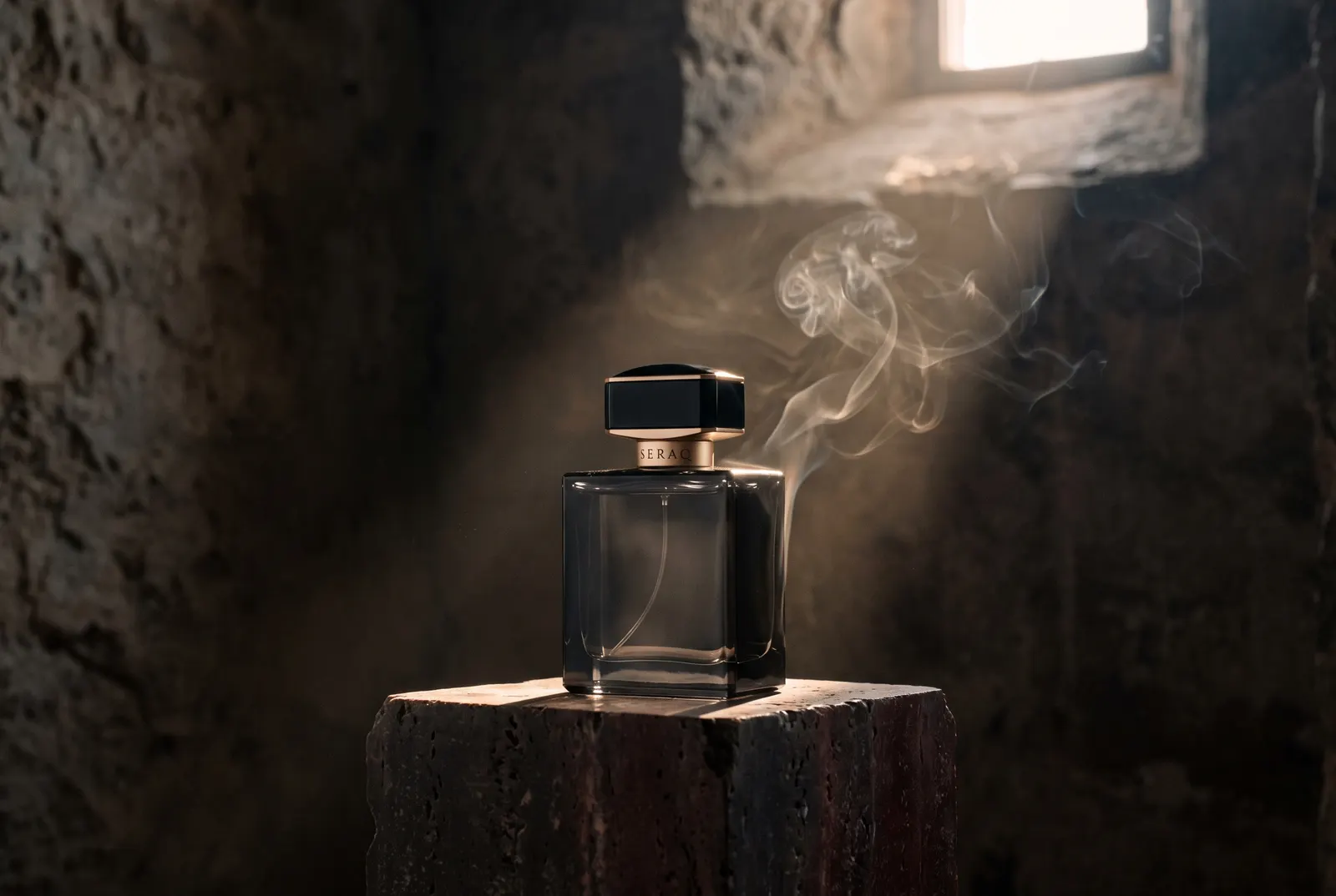 Black glass perfume bottle on a travertine block in a shaft of light