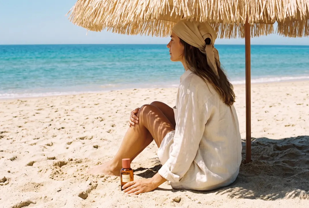 Woman in linen resting under a raffia umbrella on the beach