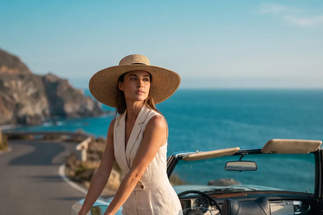 Woman driving a vintage convertible along a coastal road
