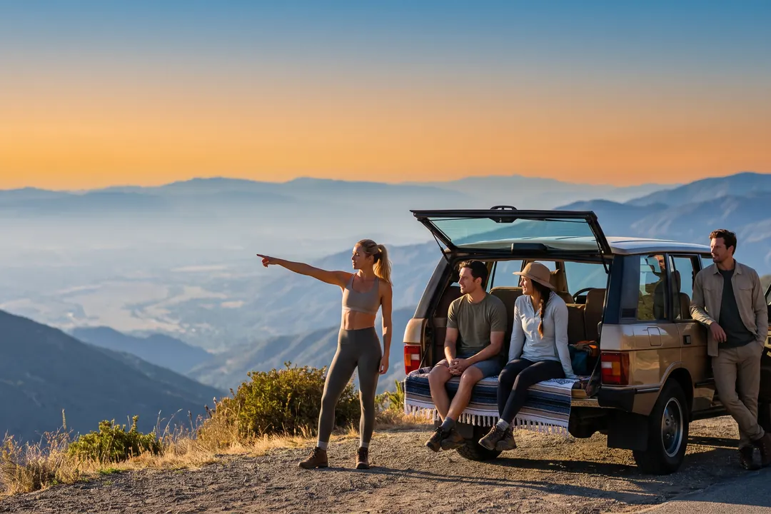 Friends with a 4x4 at a mountain viewpoint