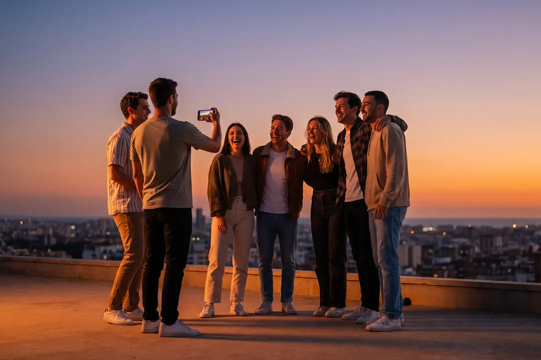 Group of friends on a rooftop at sunset
